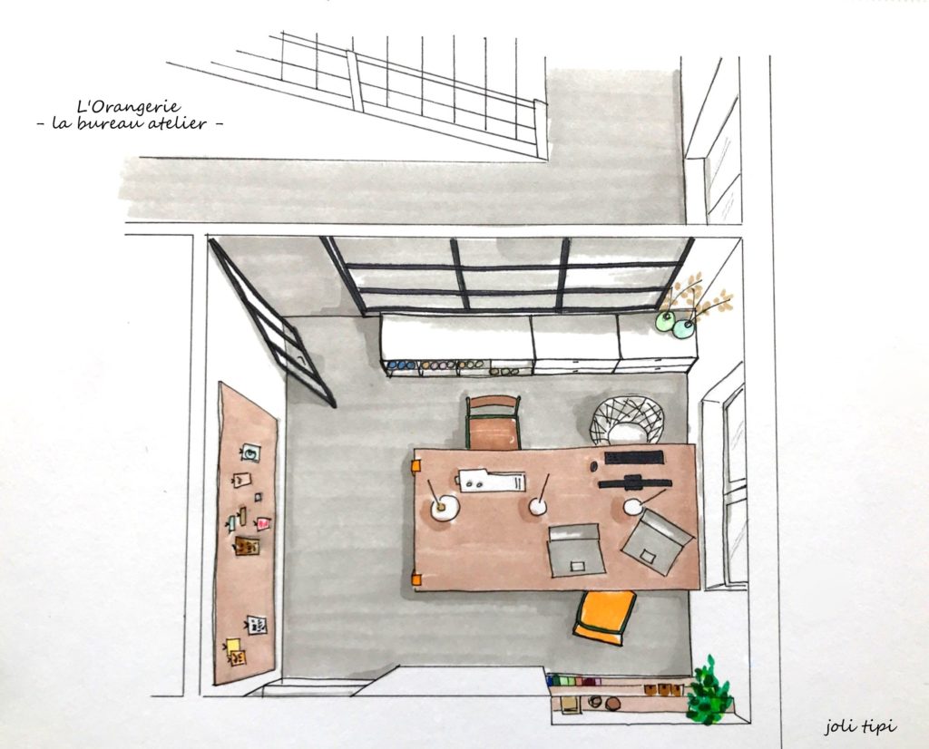 Bureau atelier verrière croquis 3D couleurs aménagement