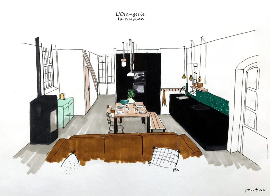 croquis 3D cuisine noire Orangerie