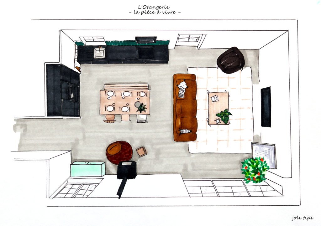 croquis 3D salon séjour pièce à vivre Orangerie