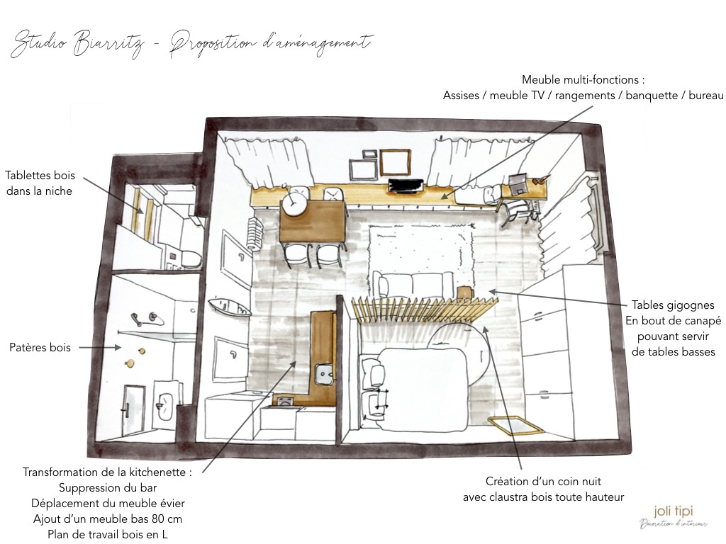 croquis 3D vue aérienne studio avec coin chambre