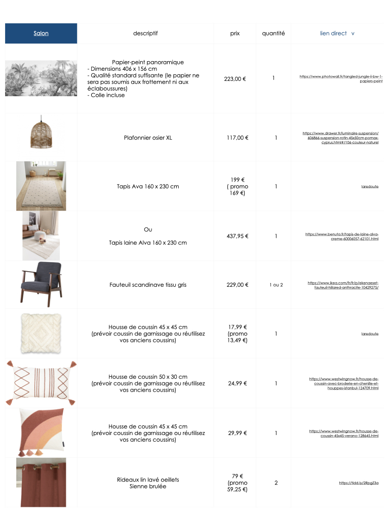 shopping list achats décoratrice d'interieur